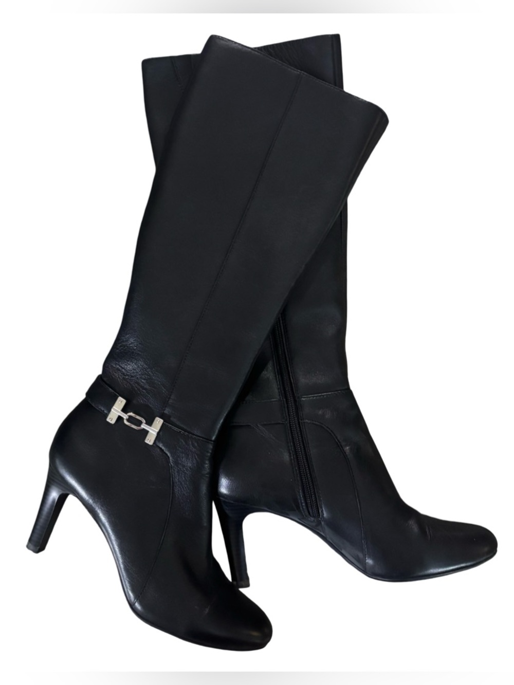Bandolino Size 7.5 Black Leather Boots with 3” Heel & Silver Hardware